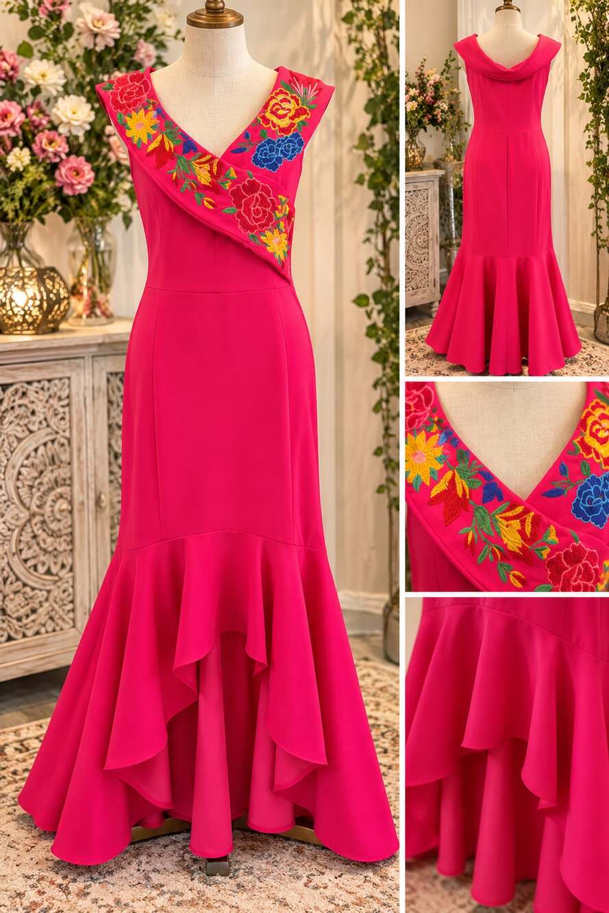Boutique Floral Mexican Embroidered Dress Pink Ruffle Asymmetrical Hem